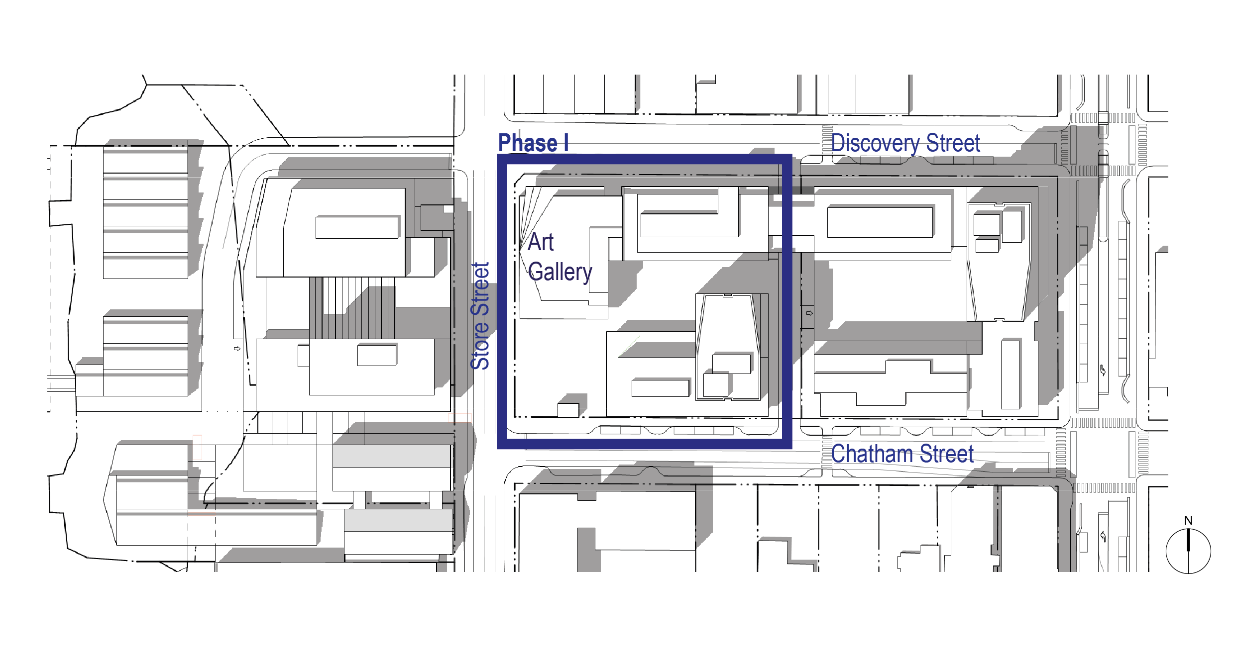 Image of the proposed development with an outline of phase one along store between Chatham and Discovery Streets
